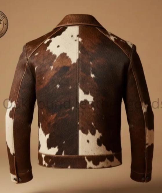 Vintage Cowhide Leather Jacket – Brown & White Western Style Zip-Up