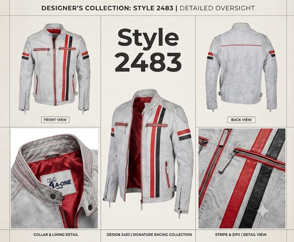 Nick Lable A One Leagther Men's Racing-Style Distressed White Leather Jacket (Style 2483)