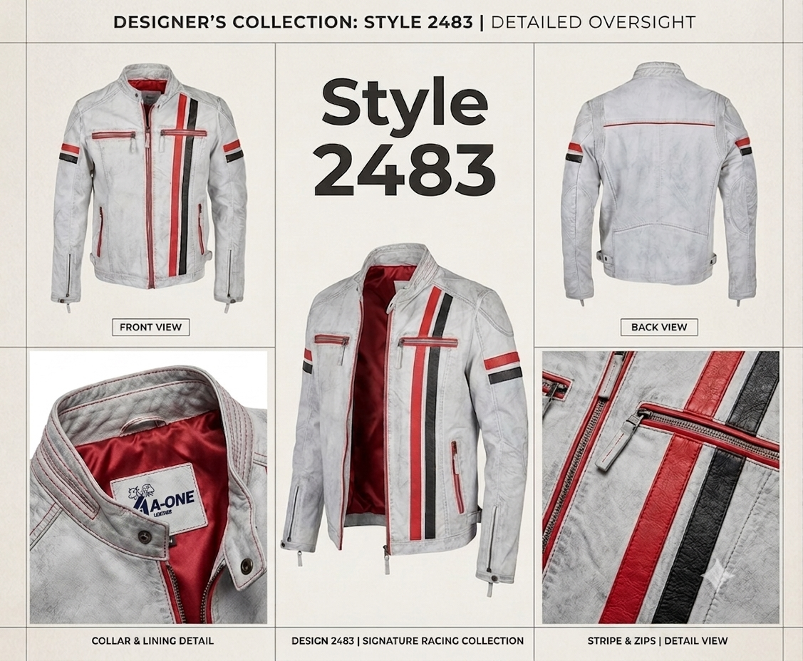 Nick Lable A One Leagther Men's Racing-Style Distressed White Leather Jacket (Style 2483)