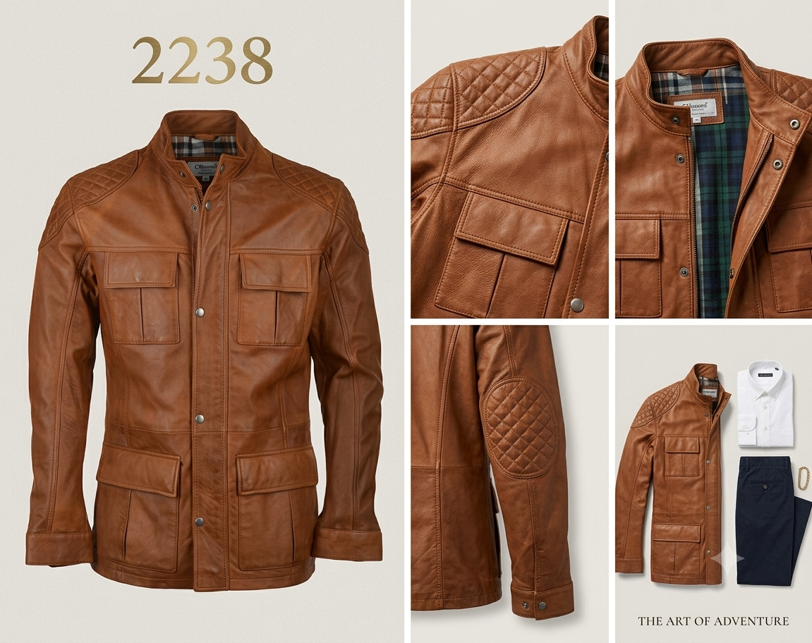 Nick Lable A One Leagther Men's Quilted Detail Tan Leather Field Jacket (Style 2238)