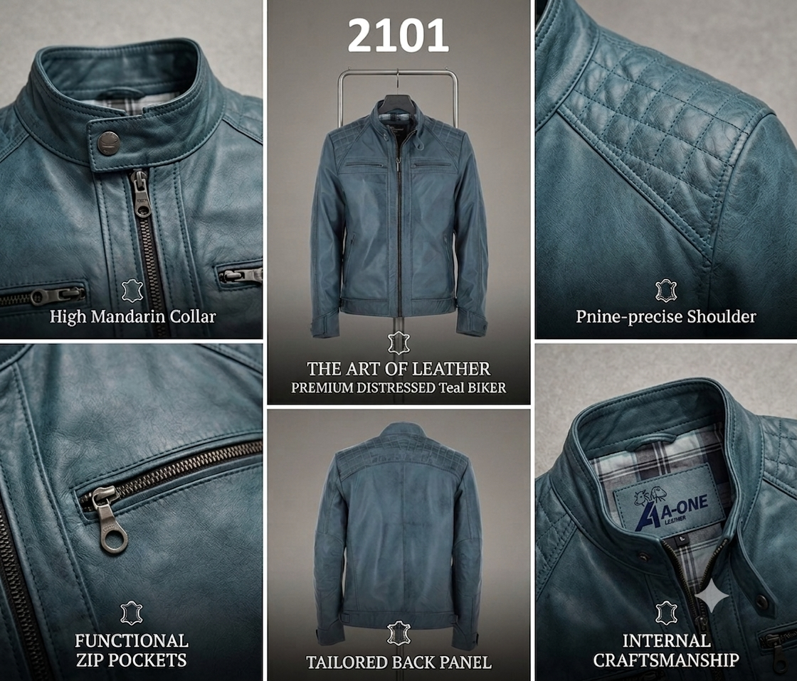 Nick Lable A One Leagther Men's Quilted Shoulder Blue Leather Jacket (Style 2101)