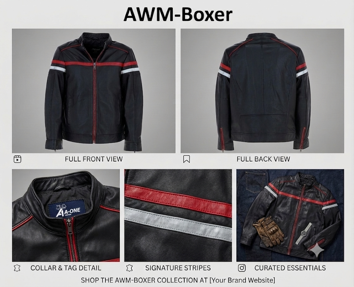 Nick Lable A One Leagther Men's Racing Stripe Black Leather Jacket (AWM-Boxer)