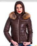 Brown Leather Fur-Trimmed Puffer Jacket