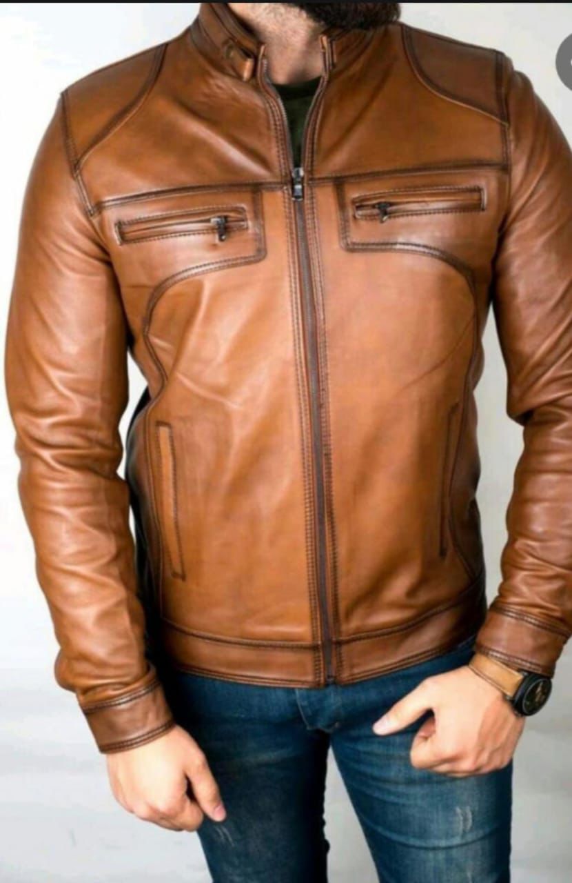 “Men’s Tan Brown Slim-Fit Leather Biker Jacket”
