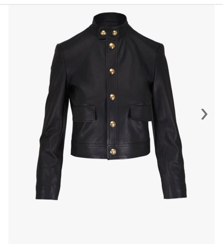 Women's Black Cropped Genuine Leather Jacket with Gold Button Closure