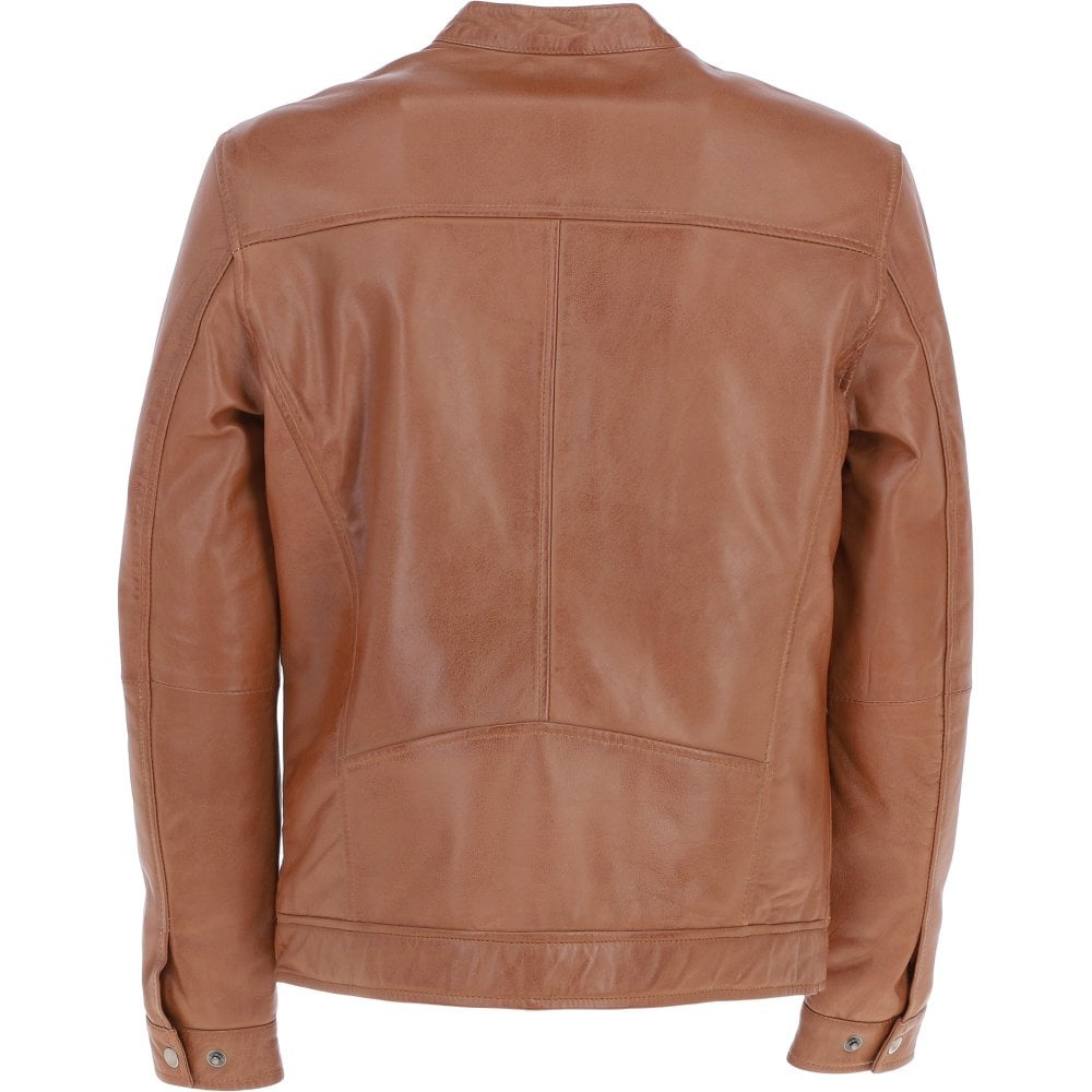 Leather Mandarin Collar Biker Jacket Tan: AMJ-31