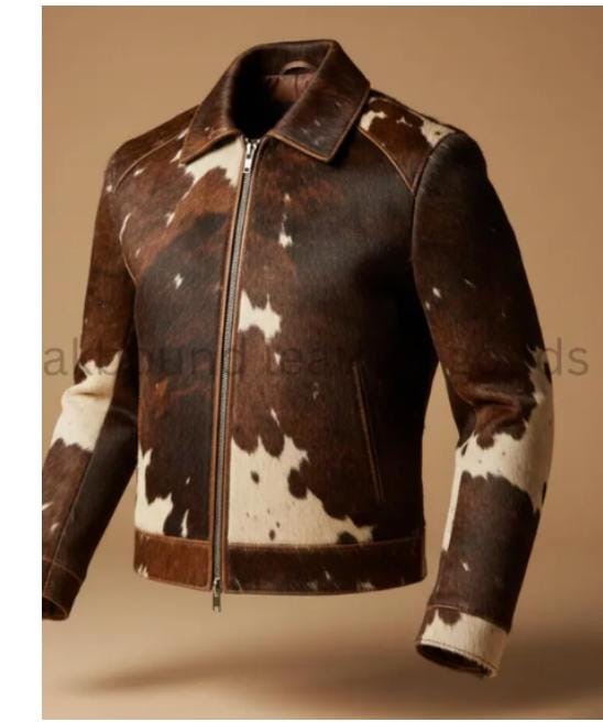 Vintage Cowhide Leather Jacket – Brown & White Western Style Zip-Up