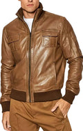 Mens Classic Tan Leather Bomber Jacket