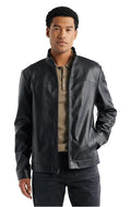 Leather Bomber Jacket with Stand Collar