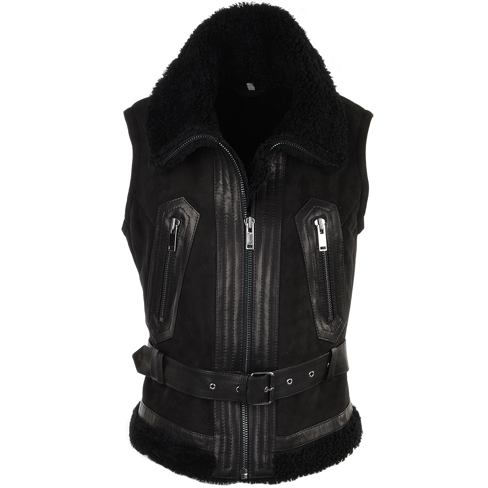 Shearling Leather and Suede Biker Gilet Black/suede : Indiana