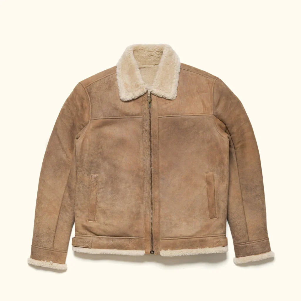 Shearling Leather Bomber Jacket:Sandstone Brown