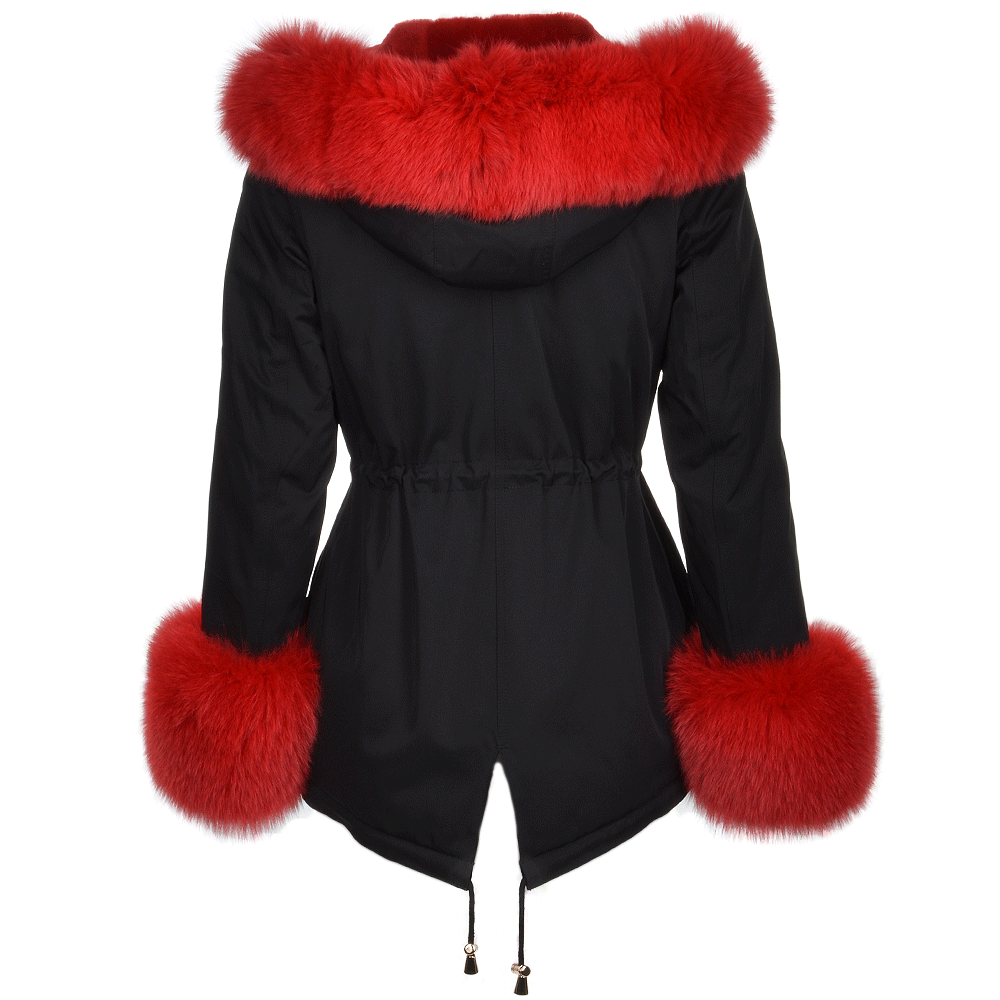 Short Hooded Toscana Tipped Fox Fur Parka With Fur Trim Lining Black/red: