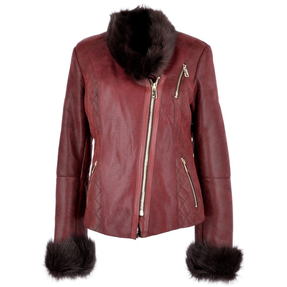 Short Toscana Biker Style Sheepskin Jacket Bordeaux Evelyn