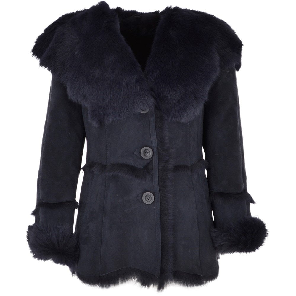 Toscana Long Haired Shearling Jacket With Large Hood Ombre Blue : Muna