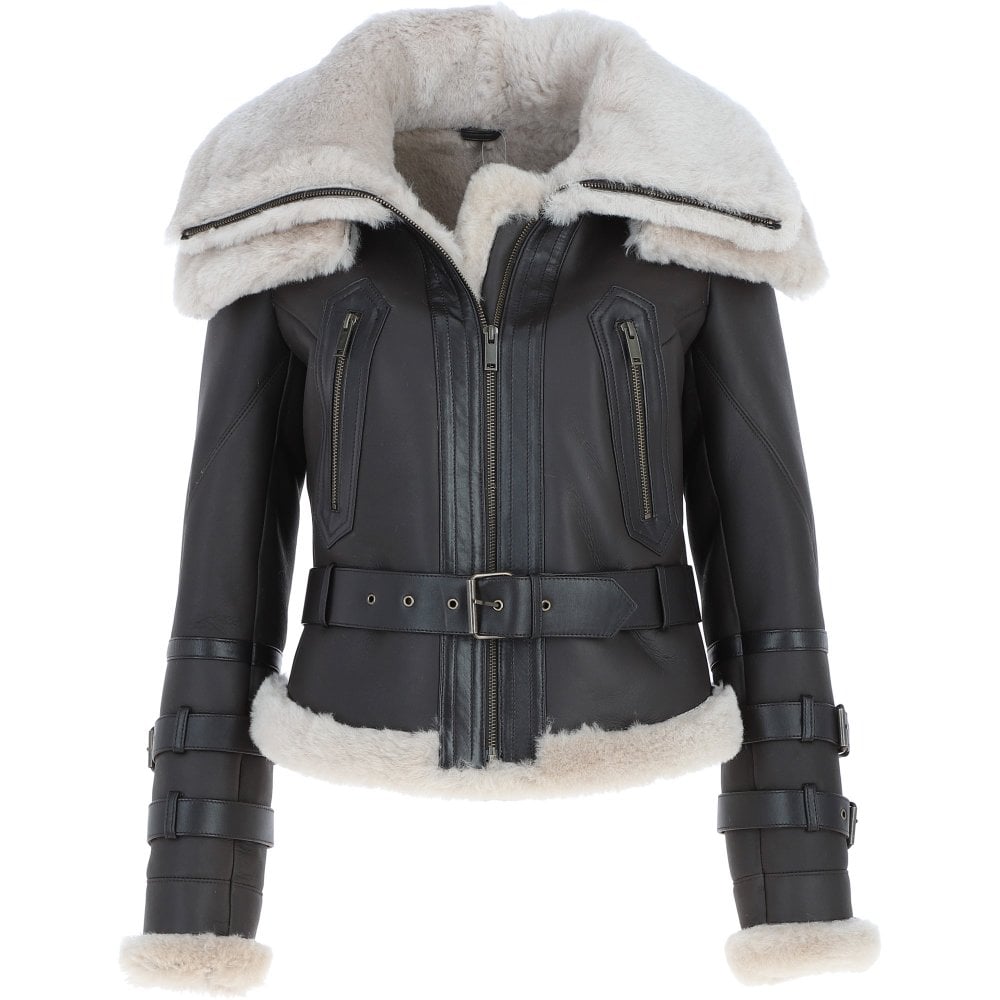 Womens Aviator Shearling Leather Jacket Brown/Cream: KB-451 DC