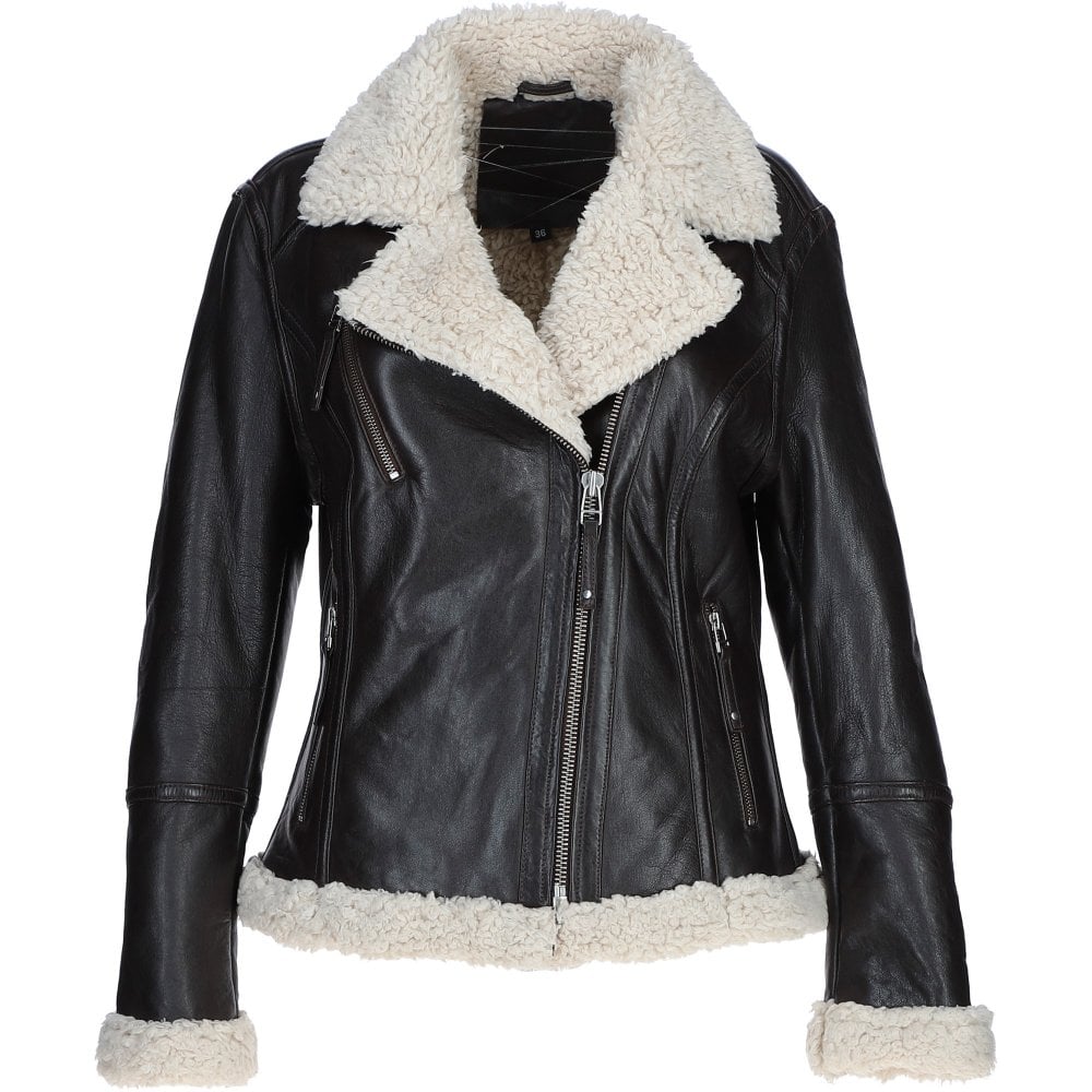 Womens Shearling Biker Jacket Brown: 2418
