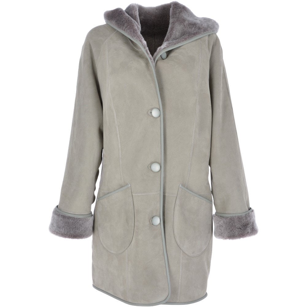 Womens Suede Sheepskin Hooded Coat Grey: Heather