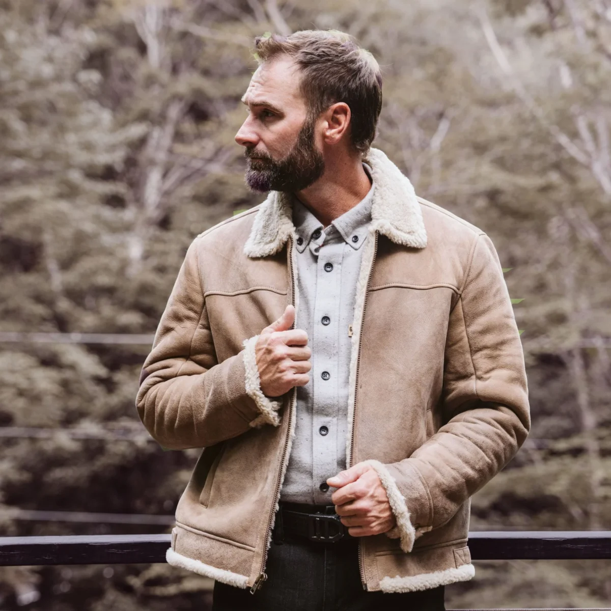 Shearling Leather Bomber Jacket:Sandstone Brown - Image 7