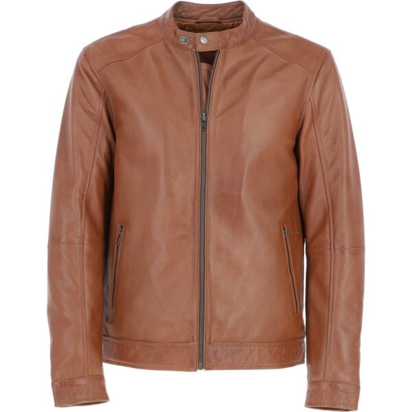 Leather Mandarin Collar Biker Jacket Tan: AMJ-31