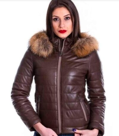 Brown Leather Fur-Trimmed Puffer Jacket