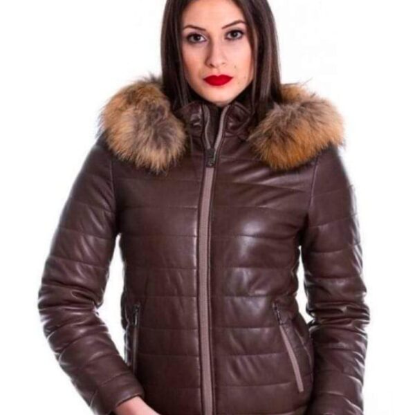 Brown Leather Fur-Trimmed Puffer Jacket