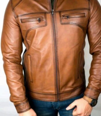Men’s Tan Brown Slim-Fit Leather Biker Jacket