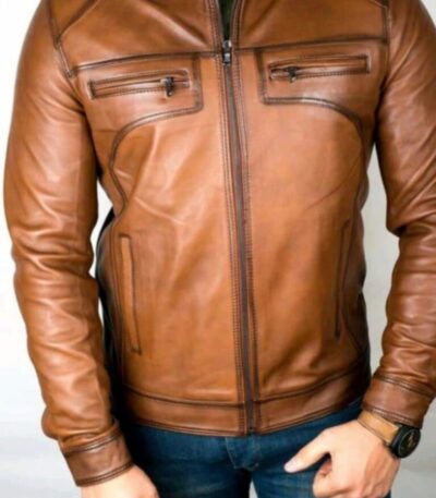 Men’s Tan Brown Slim-Fit Leather Biker Jacket