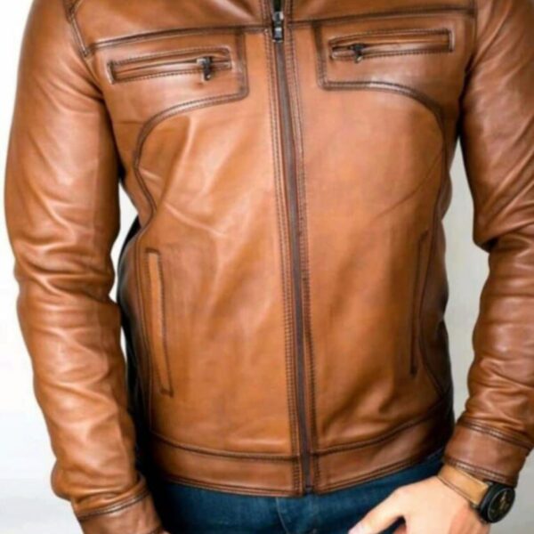 Men’s Tan Brown Slim-Fit Leather Biker Jacket