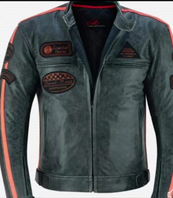 Men’s Vintage Black Racer Leather Jacket with Patche