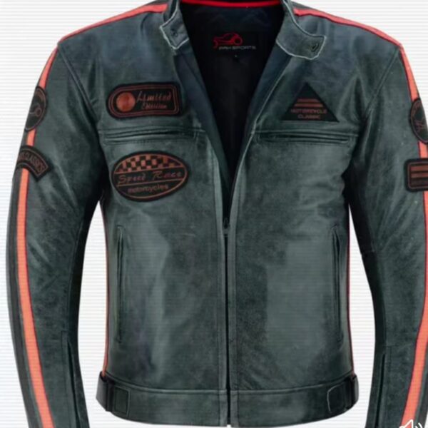 Men’s Vintage Black Racer Leather Jacket with Patche