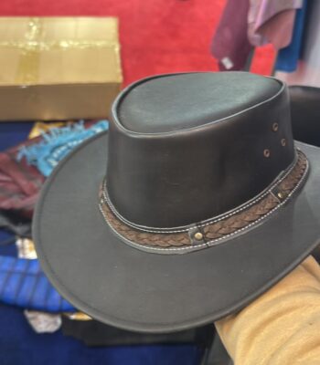black leather wide-brimmed hat