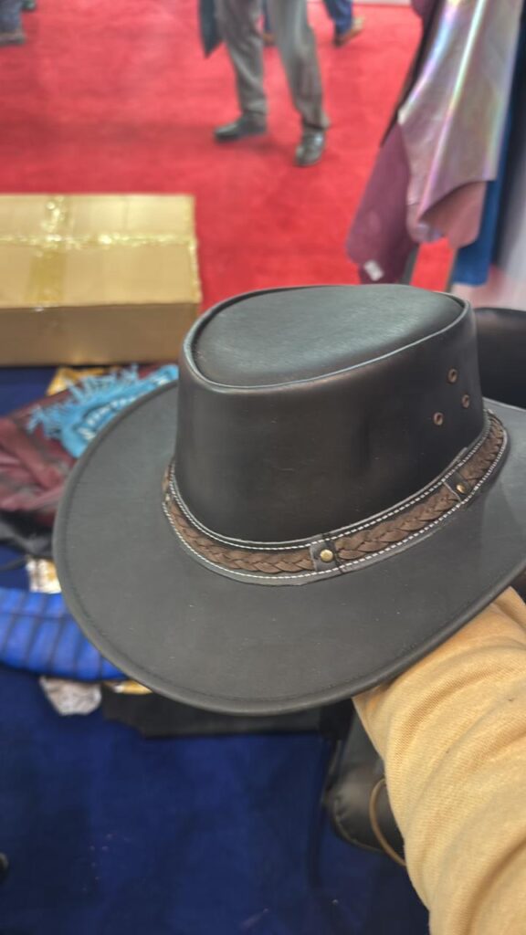 black leather wide-brimmed hat