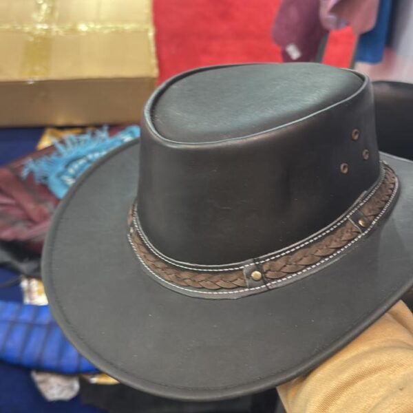 black leather wide-brimmed hat
