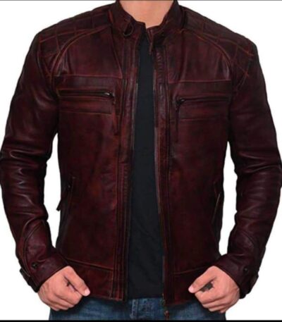 Men’s Maroon Slim-Fit Leather Biker Jacket