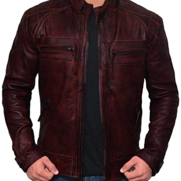 Men’s Maroon Slim-Fit Leather Biker Jacket