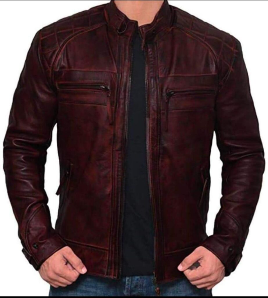 Men’s Maroon Slim-Fit Leather Biker Jacket
